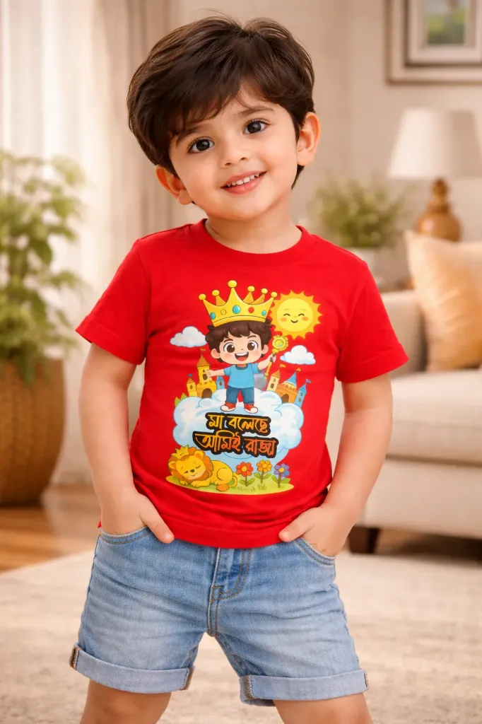 Bengali Typography (Ma Boleche Amie Raja)Kids T-Shirt for Boys – Red | Regular Fit | Pure Premium Cotton (2 - 4 Yrs)